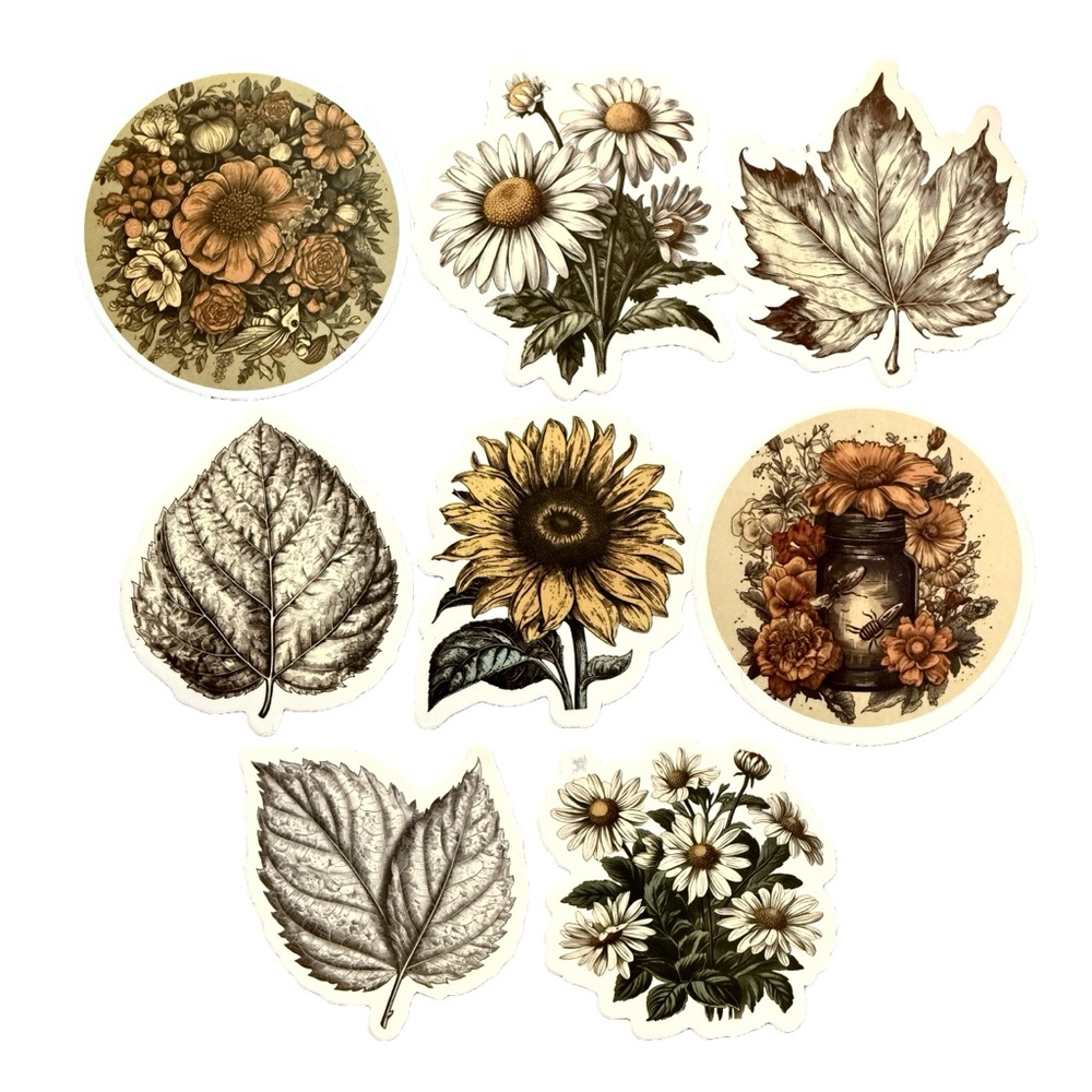 Vintage Nature Themed Waterproof Stickers Flowers & Leaves Lot of 8
